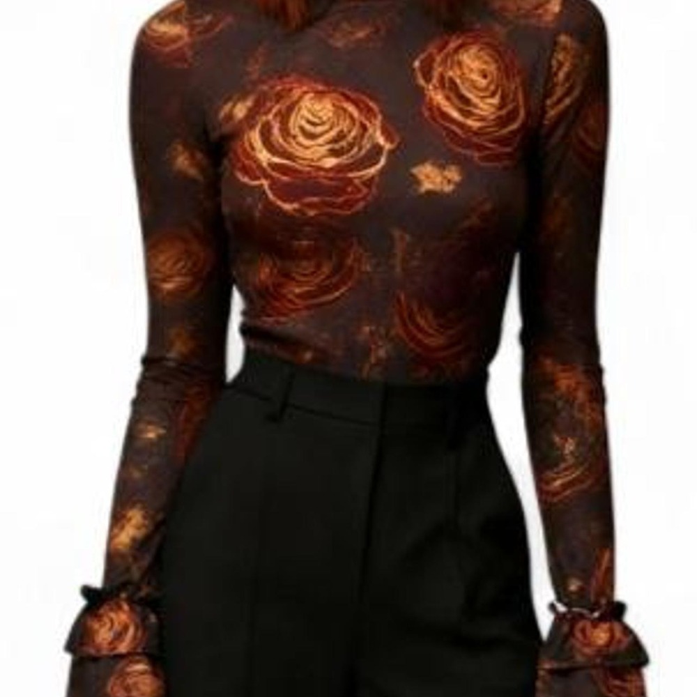 UOOZEE Women's Floral Print Long Sleeve Bodycon Top with Flared Ruffle Sleeve